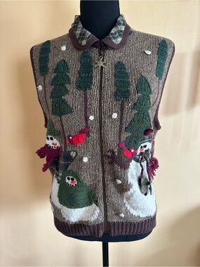 Vintage Belle Pointe Brown Wool Blend Snowman Vest Women’s Size Small